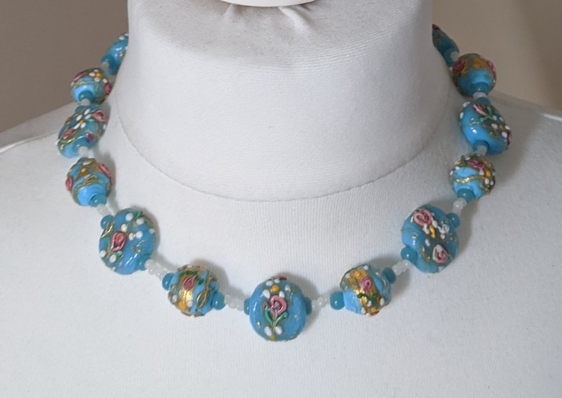 pink green white and gold choker necklace /& earrings for pierced ears set Vintage Art Deco Venetian wedding cake glass light blue