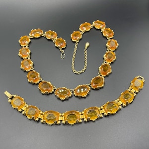 Vintage Sphinx orange citrine / topaz glass riviere necklace and bracelet set, heavy, bezel set, open-backed stones in ornate settings