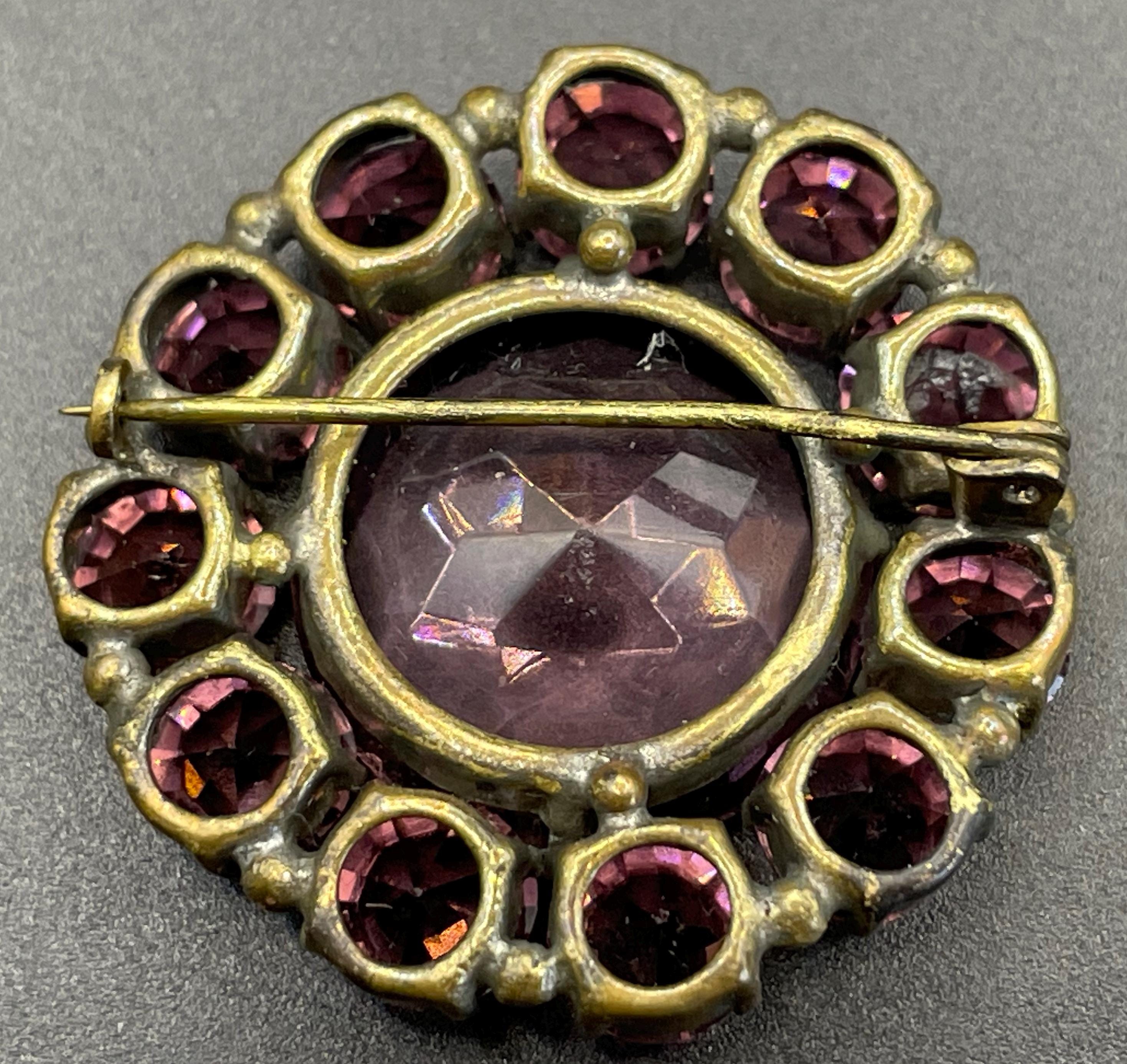 1930s Purple Rhinestone Pot Metal Brooch Art Deco Glass Pin Vintage Art Deco 1930s Czech Amethyst Purple Glass, Open  main image 3