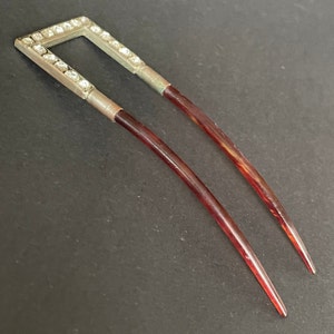Großer Vintage Art Deco oder Edwardian Haarschmuck aus künstlichem Schildpatt Celluloid / Galalith mit geometrischem Strassstein und doppelten Zacken