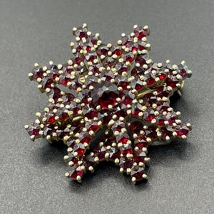 Puede incluir: Un broche en forma de estrella con numerosas piedras facetadas de color rojo intenso engastadas en un marco metálico. El diseño consta de una piedra central grande rodeada por varias capas de piedras radiantes que crean un patrón denso.