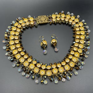 Vintage Francoise Montague necklace & earrings set demi-parure, unusual gold tone cup beads with crystals, clear and brown glass fringes