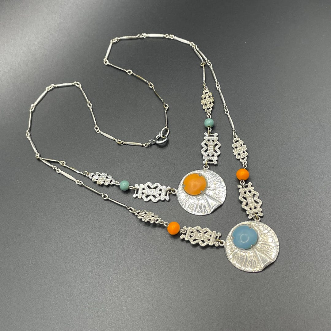 Vintage Jakob Bengel Art Deco Machine Age Silver Tone, Aqua Blue and ...