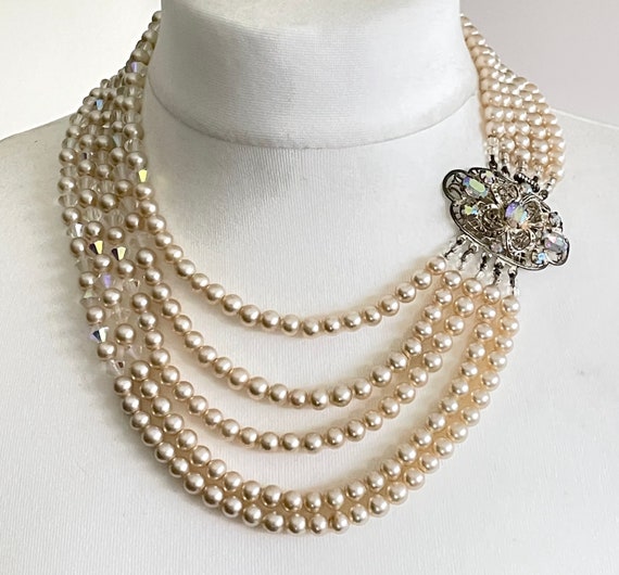 Vintage multi five strand glass faux pearl and cr… - image 8