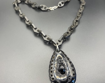 Antique Victorian vulcanite chunky chain necklace with huge, detachable carved Whitby jet teardrop pendant