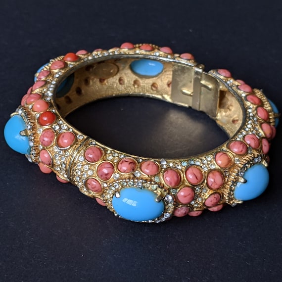Kenneth Jay Lane Hinged Rhinestone Bracelet, Coral/Turquoise