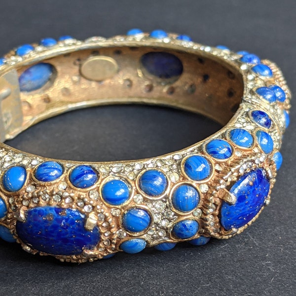 Vintage Kenneth Jay Lane KJL classic 1960s signed mogul style cabochon & rhinestone encrusted hinged bangle, lapis lazuli blue glass stones