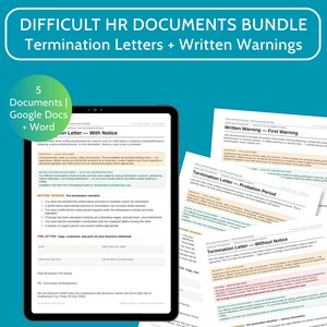 May include: A bundle of HR documents, including termination letters and written warnings. The image shows a tablet displaying a termination letter template and several printed documents. The text includes "Difficult HR Documents Bundle" and "5 Documents | Google Docs + Word."