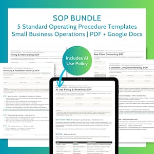 May include: A bundle of 5 standard operating procedure templates for small business operations, including PDF and Google Docs formats. The image shows documents for hiring, onboarding, invoicing, and customer complaints, with an AI use policy.