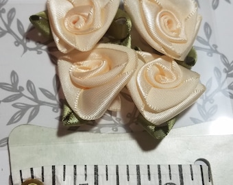 Junk Journal Set of 4 Satin Roses Scrapbooks and Collage Art Cream Satin Roses With Green Leaves