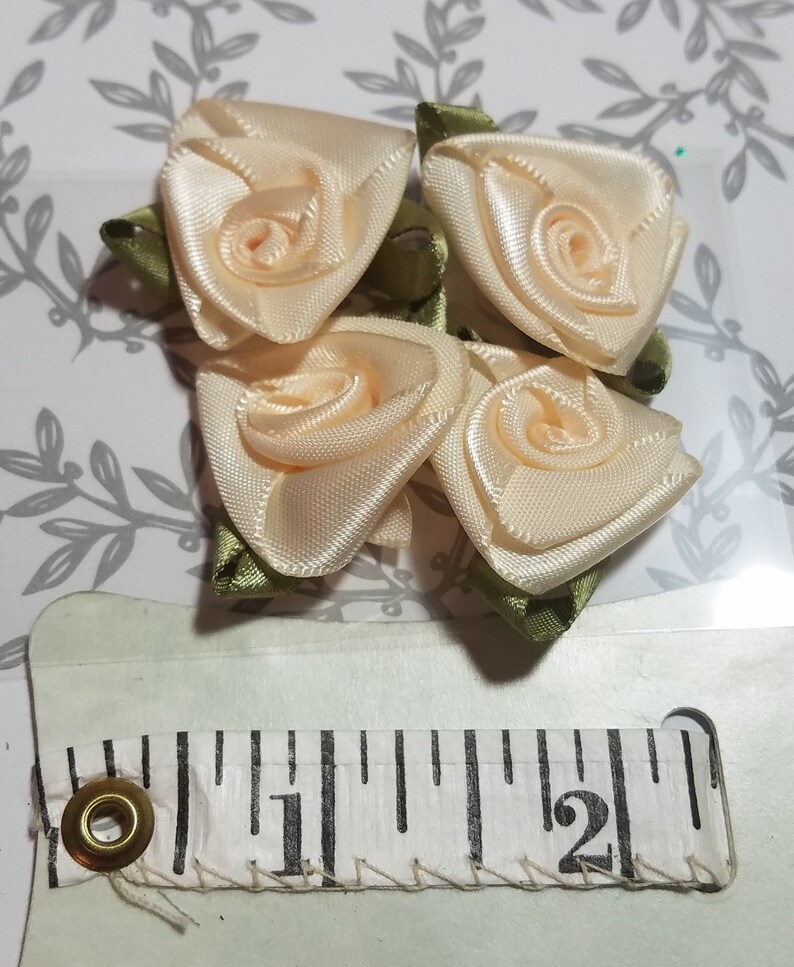 Junk Journal Set of 4 Satin Roses Scrapbooks and Collage Art Cream Satin Roses With Green Leaves