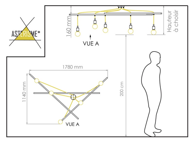 Pendant light Asterism, mustard and black scandinavian chandelier image 5