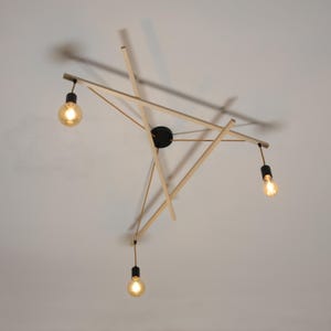 Può includere: Un lampadario da soffitto moderno con tre lampadine appese a travi in legno. Le travi sono disposte in un motivo geometrico, creando un design unico ed elegante.