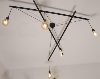 Asterisme Pendelleuchte 5 Glühbirnen mattschwarz * Industrie-Kronleuchter * zeitgenössischer Kronleuchter * moderne Beleuchtung * Designer-Beleuchtung * Deckenleuchte aus Holz