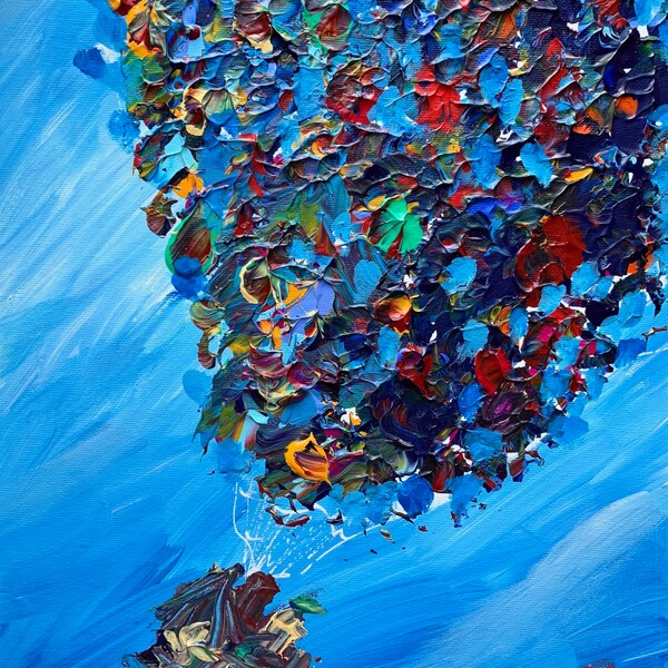 ORIGINAL - Abstract Disney Up House con globos Paleta De cuchillo pintura // acrílico en tablero de lienzo // Arte pop contemporáneo 12x16"