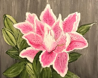 Pintura original de lirio, acrílico sobre lienzo, arte floral (6 x 6)