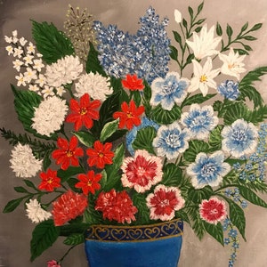 Flower painting - Red, White and Blue Floral - 9 x 12