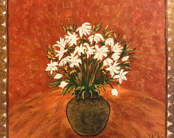 Original Flower painting - Van Gogh Inspired - Abstract Flower Vase 6 x 6