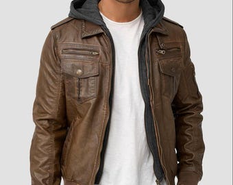 Men's Distressed Brown Leather Bomber Jacket with Removable Grey Hoodie | Vintage Style Biker Jacket | Urban Streetwear Leather Coat