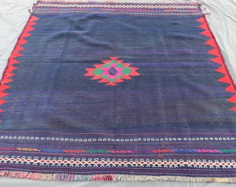 5x5 Afghan Kilim Rug, Navy Blue, Vintage Wool Flatweave Kilim Rug