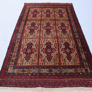 Geometric Afghan Hand-Wove Turkmen Rug, 3.8x6.4 ft, Wool Rug, Tribal Shirazi Rug, Living Room Rug, Nomadic Genuine Rug