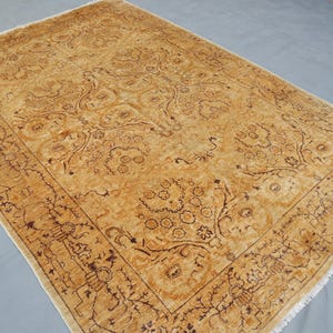 One Of A Kind Vintage Chobi Rug | 8.10x6 Ft Handmade Wool Carpet | Oriental Golden Beige Floral Design Rug| Natural Veg Dyes Living Room Rug
