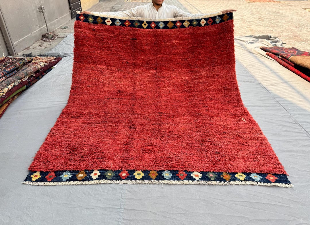 Afghan Gabbeh Wool Rug – 6x5 Ft Red Shag Carpet, Tribal Border - Etsy