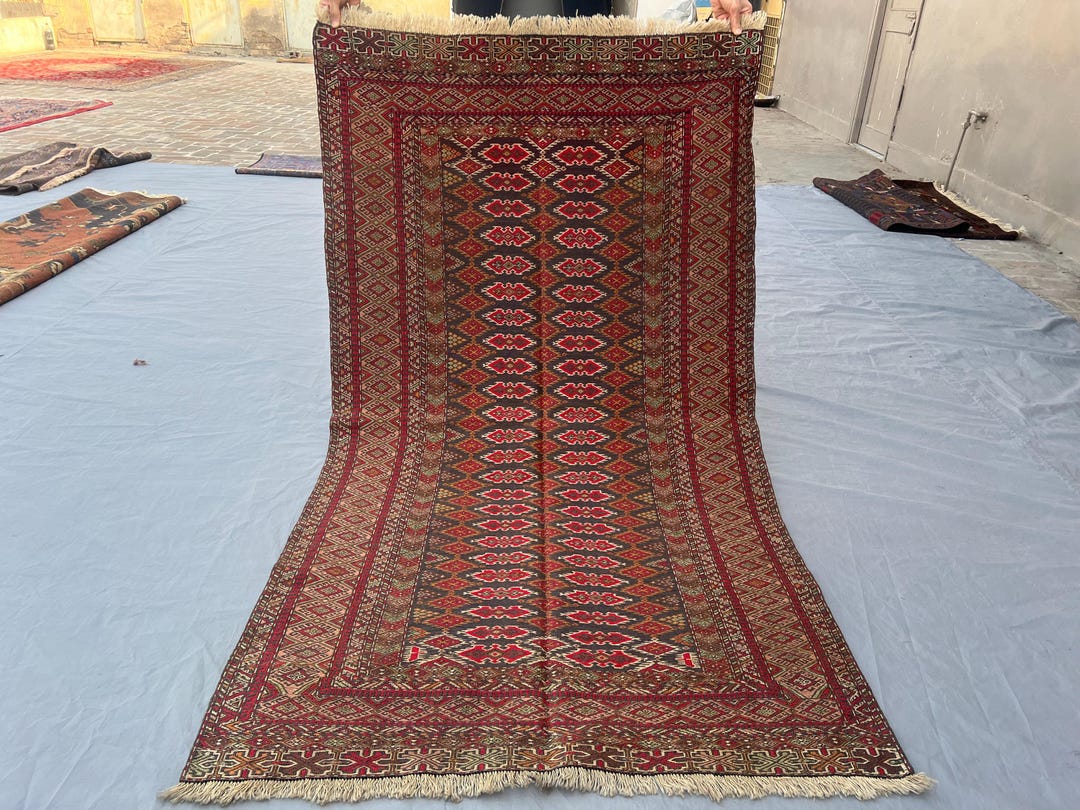 1970s Afghan Sumak Kilim Rug, Handmade Wool, Geometric Border (6x4 Ft ...