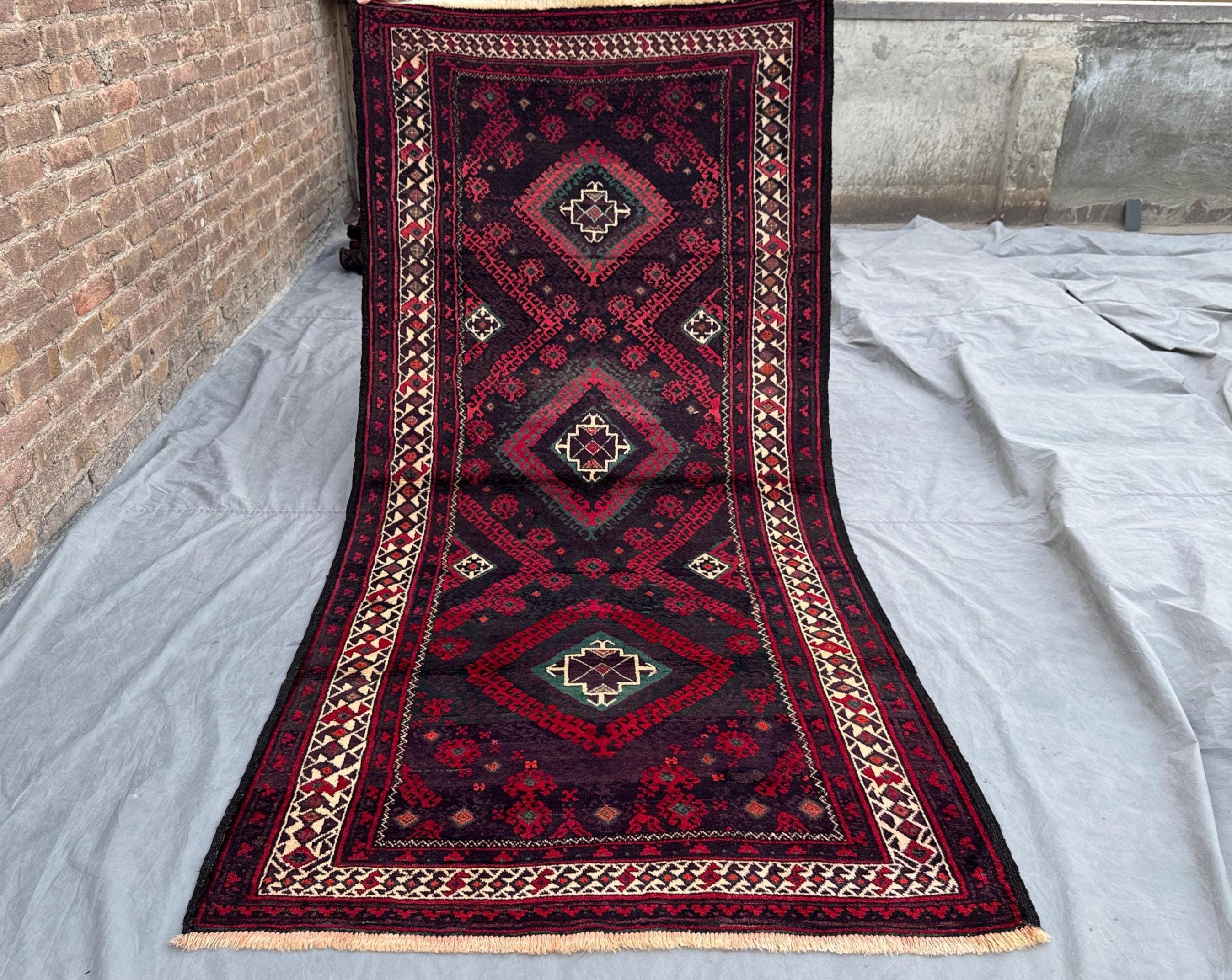 Rare 1940s Afghan Baluchi Wool Rug, 8x4 Ft Diamond Medallion