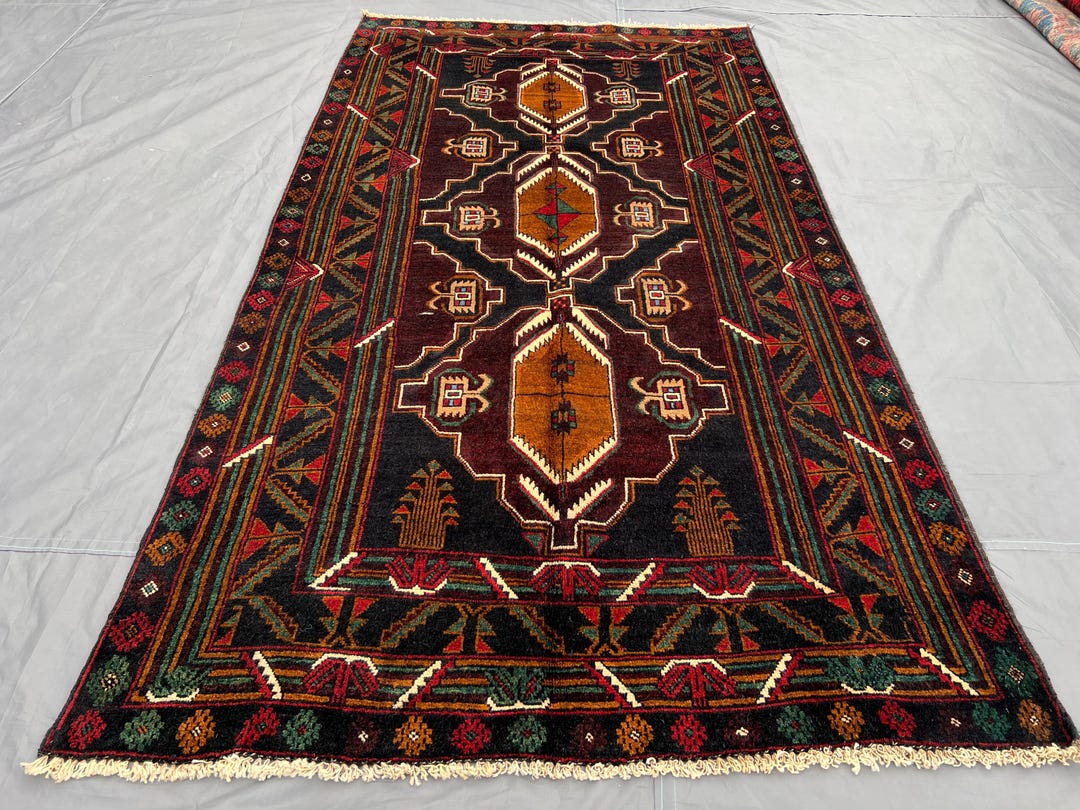 Handmade Wool Baluchi Rug, Brown Gold Geometric Tribal Carpet, Nomadic ...