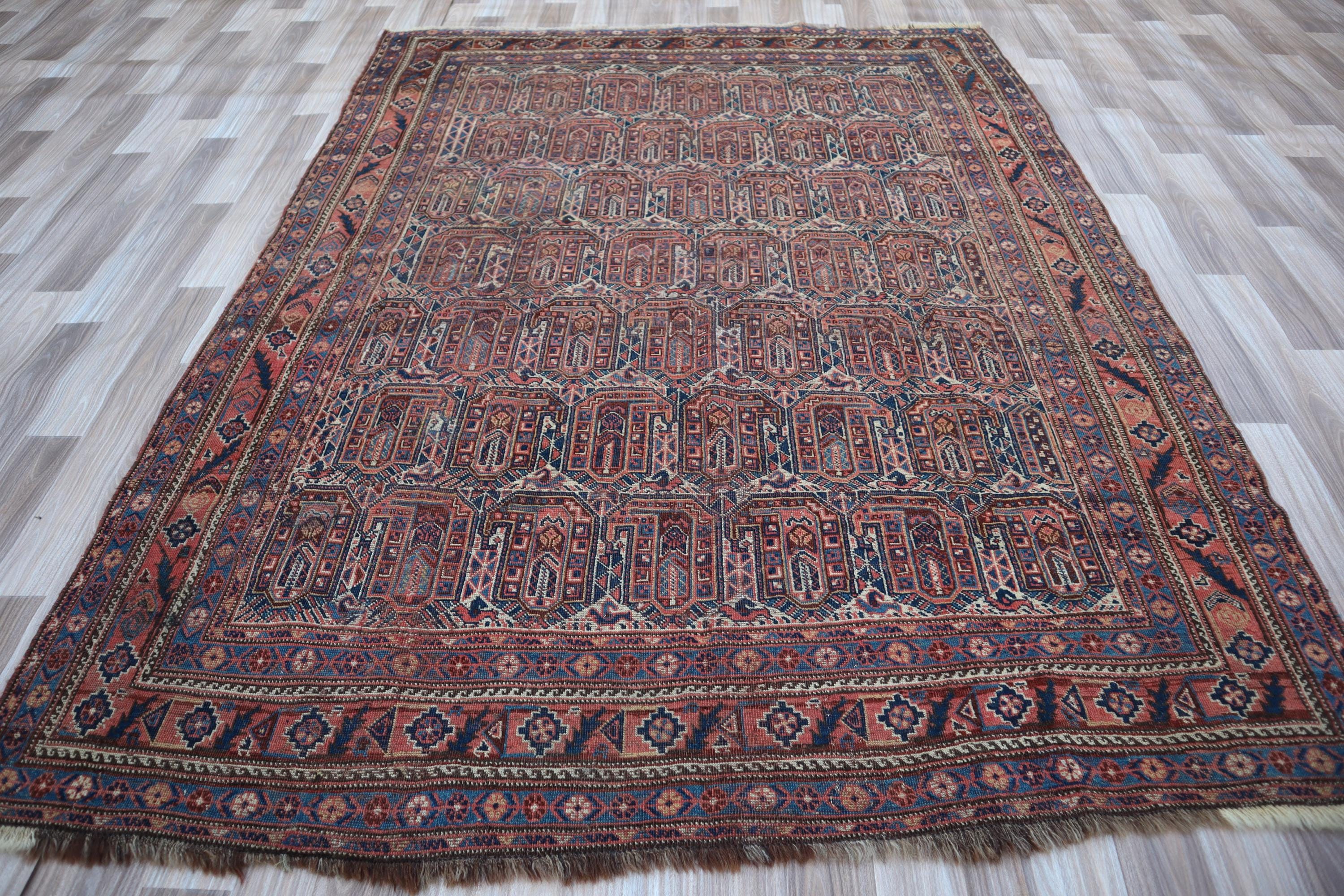 ペイズリー柄ラグ アンティーク　ヴィンテージ アンティーク ハンドノット アフガンラグ、ペイズリー柄、6.1 x 4.7