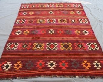 7x5.11 Ft Hand-Knotted Afghan Kilim Rug, Red Geometric Wool Flatweave
