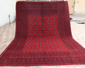 8x6 Red Turkmen Ersari Rug - Hand-Knotted Afghan Wool Rug - Veg Dyes Carpet - Home Space Rug - Large Area Rug - Home Decor