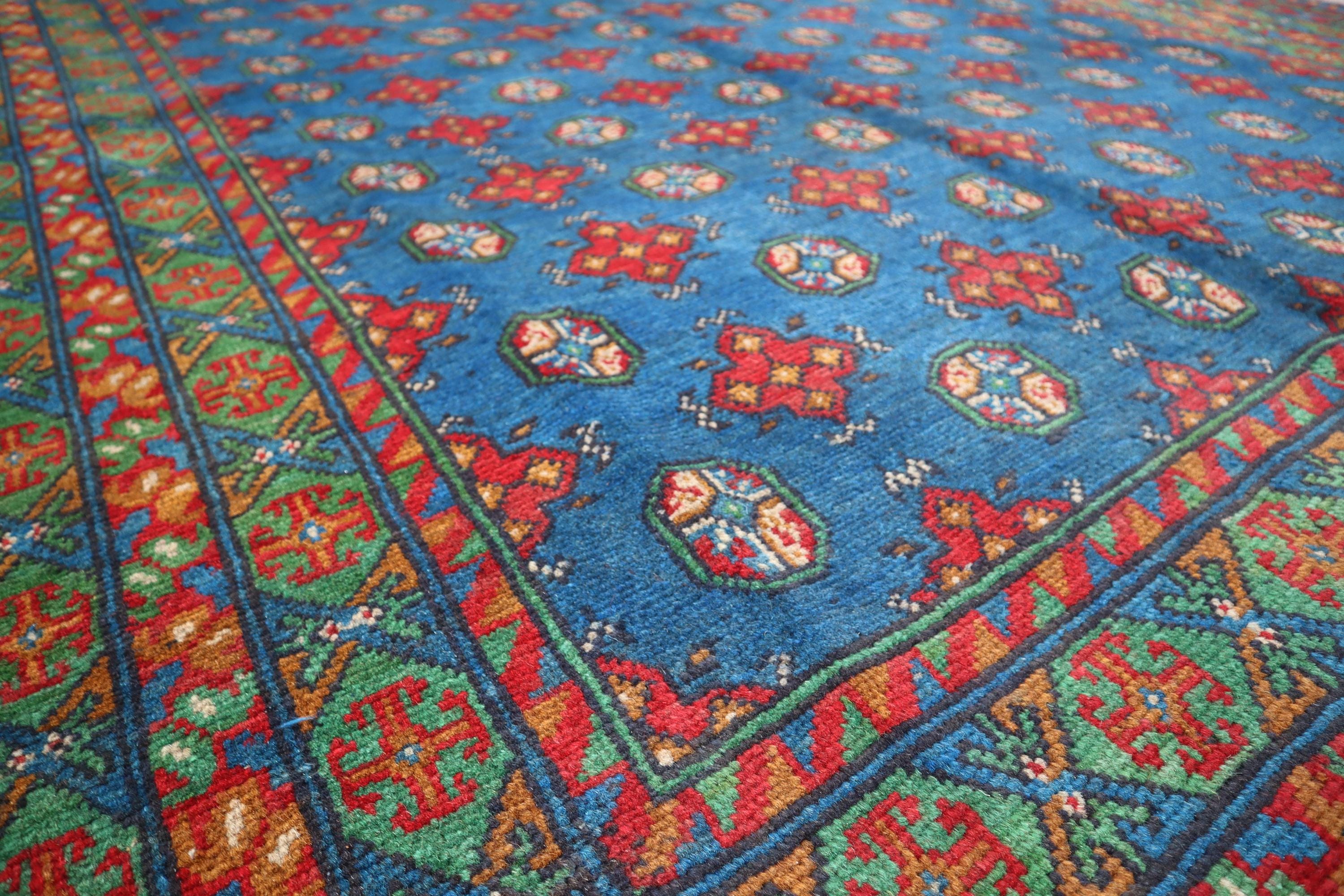 ヴィンテージブルーブハララグ、手織りアフガニスタンウールエリアラグ