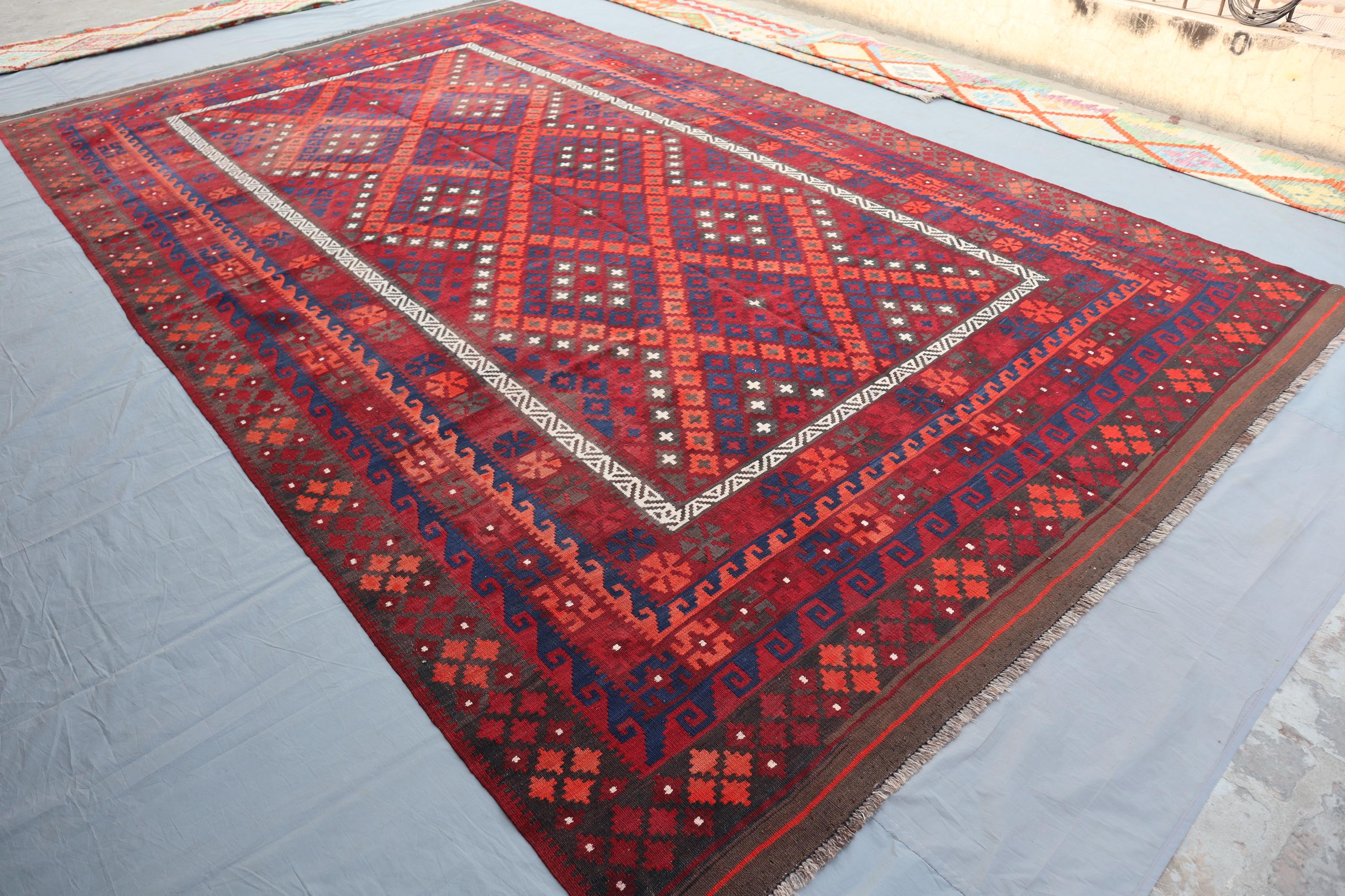 1940s Afghan Kilim Rug 14x8.4 Ft, Handmade Wool Geometric Area Rug