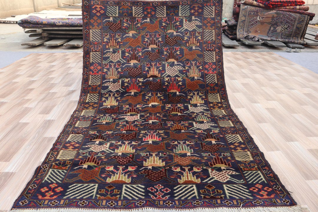 Vintage Afghan Pictorial Rug: Navy Blue Baluchi, Wool Animal Carpet (6 ...