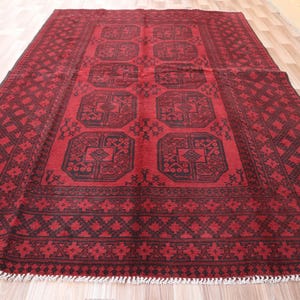 8&#39;1x5&#39;3 Antique Red Rug, Oriental Turkmen Bukhara Wool Rug, Afghan Hand-Knotted High Pile Wool Area Rug, 245x158cm Afghan Tribal Red Rug