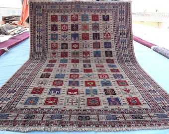 Handmade Wool Patchwork Area Rug, Tribal Vintage Carpet (9.6x7 ft)