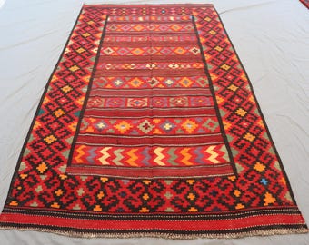 Red Vintage Kilim Rug, 9.4x5.10 ft, Turkmen Wool Geometric Flatweave