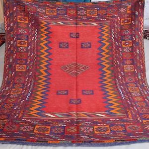 May include: A red, blue, and orange patterned rug with a geometric design. The rug has a central red area with a smaller geometric pattern.