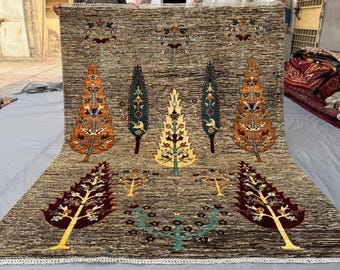 Hand-Knotted Afghan Wool Rug | Natural Brown Tree of Life Area Rug | Tribal Living Room Carpet | Luxury Handmade Boho Afghan Wool Floor Rug