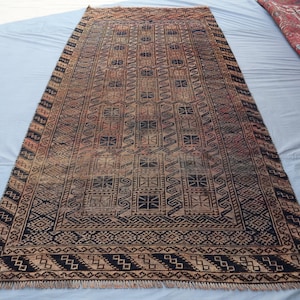 1960s Antique Terracotta Rug | 8.1x3.9 Ft Hand-Knotted Wool Carpet | Geometric Area Low Pile Rug | Oriental Distressed Rug | Living Room Rug