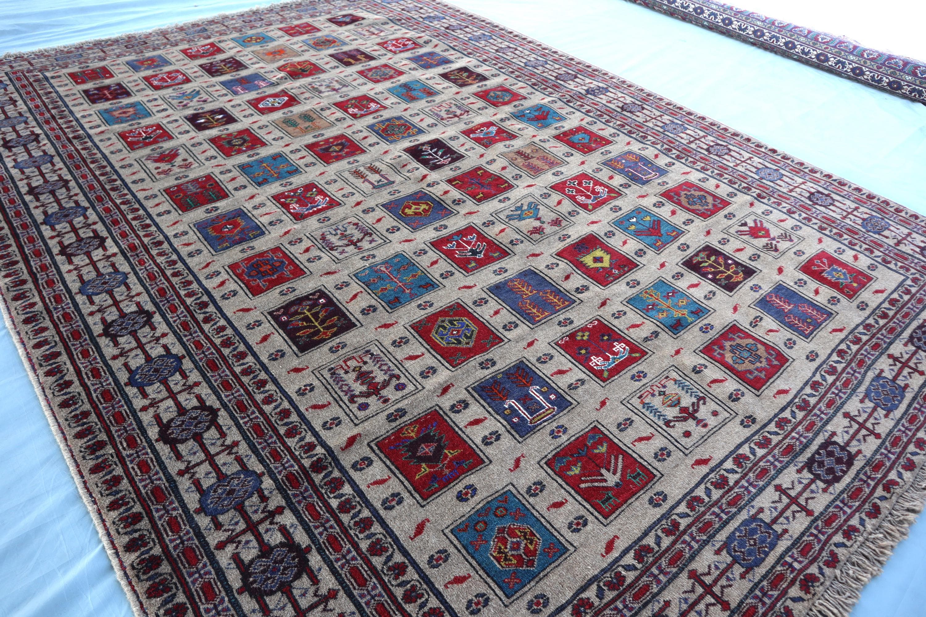 Handmade Wool Patchwork Area Rug, Tribal Vintage Carpet (9.6x7 Ft