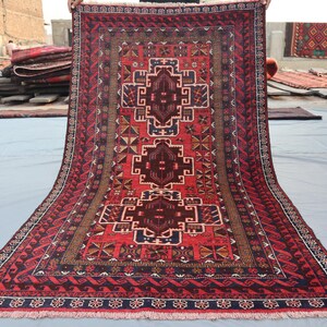 Antique Red Baluchi 1950s Rug 6.4x3.7 Ft Vintage Turkmen Oriental rug, Afghan Wool Good Pile Rug, Hand Knotted Wool Rug, Rug For Living Room