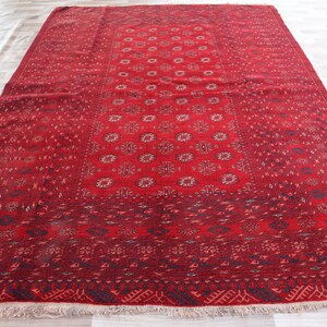 Vintage Bokhara Area Rug 8.9x6.5 Ft Afghan Handmade Geometric Bokhara Vintage Wool  Rug Turkmen Tribal Low Plie Rug Bedroom Rug Living Room