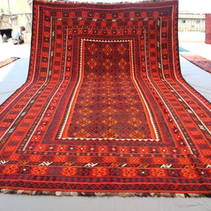 13.3x8.8 Ft Vintage Ghalmori Kilim Rug/ Afghan Handmade Tribal Rug/ Geometric Area Flatweave Kilim/ Oriental Red & Orange Rug/ Living Room