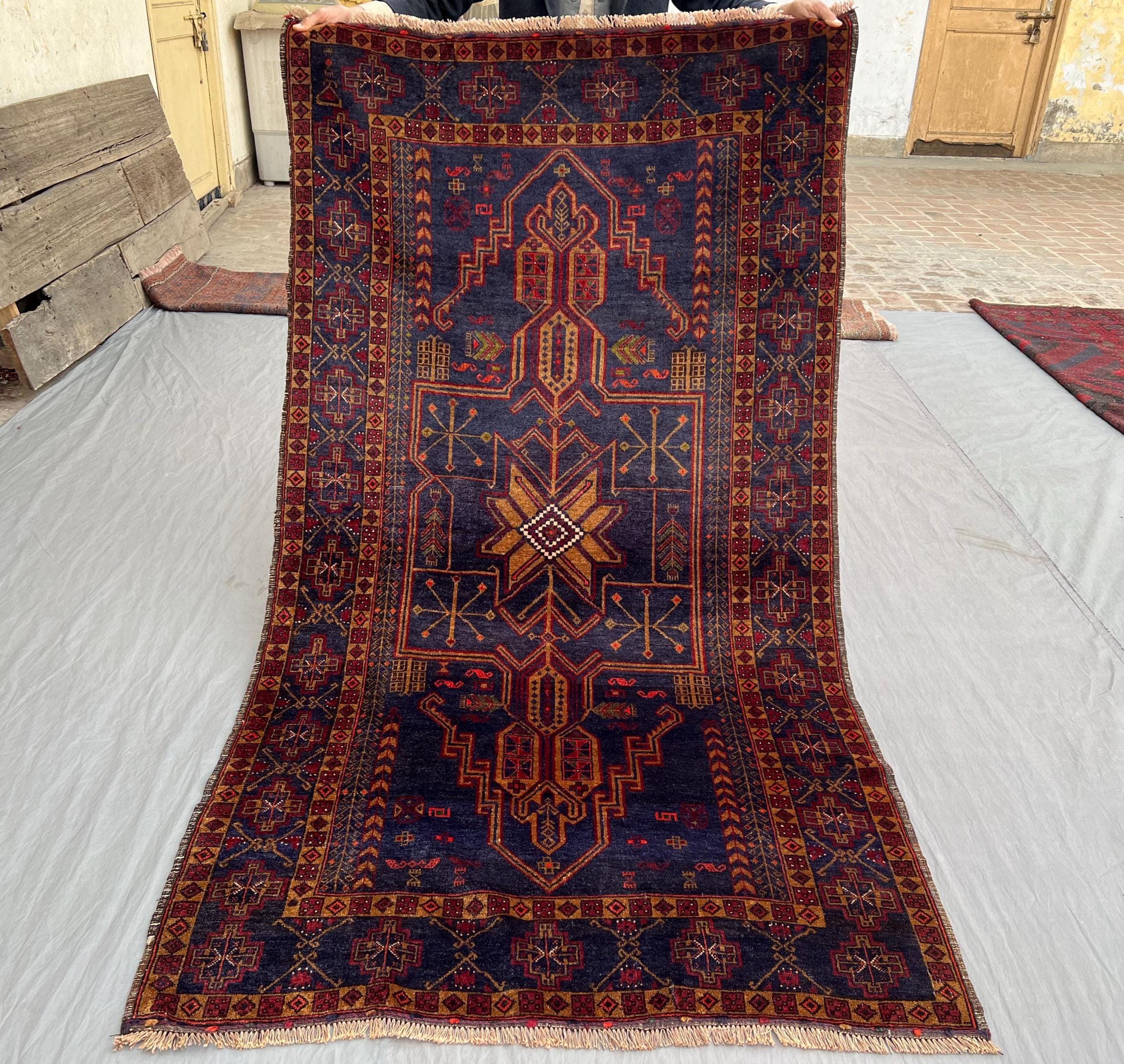 Vintage Afghan Baluchi Wool Rug, Rust Geometric Tribal Carpet (7.3