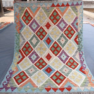 5.6x4.1 Handwoven Kilim Rug, Colorful Geometric Wool Carpet Bohemian Flatweave Area Rug Vintage Tribal Decor Handmade Turkish Rug 167x124 Cm