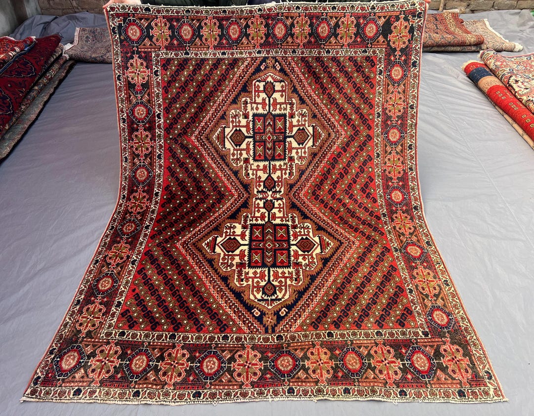 Red Afghan Village Rug 6x5 Ft | Hand Knotted Wool Farmhouse Decor ...