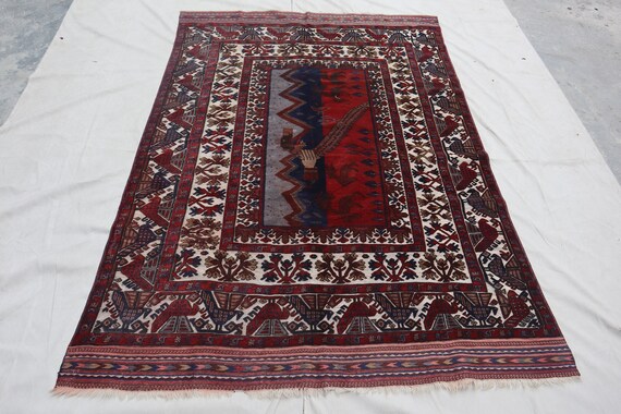 ヴィンテージ アフガニスタン ピクトリアル ラグ、6.6 x 9.1 フィート